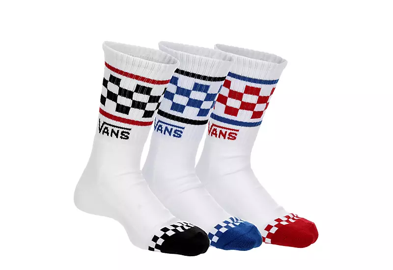Vans Boys 3pk Checker Band Crew Socks - White 3 Vans Boys 3pk Checker Band Crew Socks - White