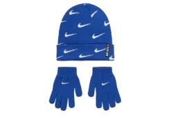 Nike Boys Swoosh All Over Print Roll Cutt Beanie Set - Blue